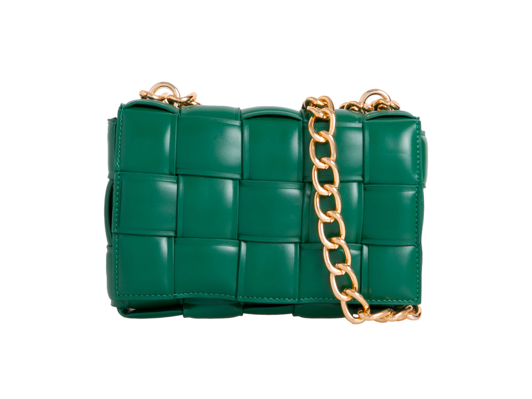 Green Quilted Woven Faux Leather Cross Body Shoulder Bag