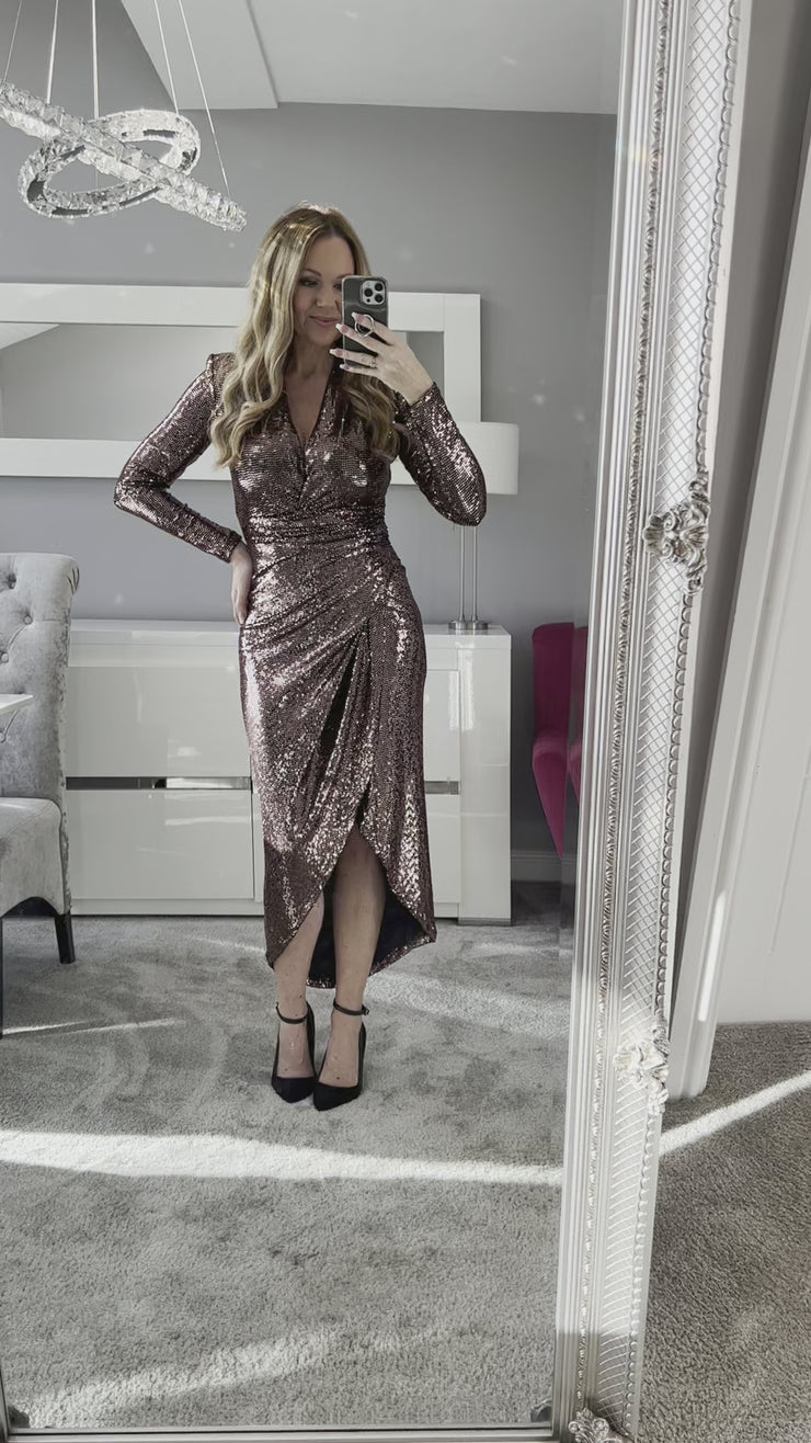 Rose Gold Sequin Long Sleeve Bodycon Dress A Touch Of Class Rose Gold  Sequin Long Sleeve Bodycon Wrap Midi/Maxi Dress