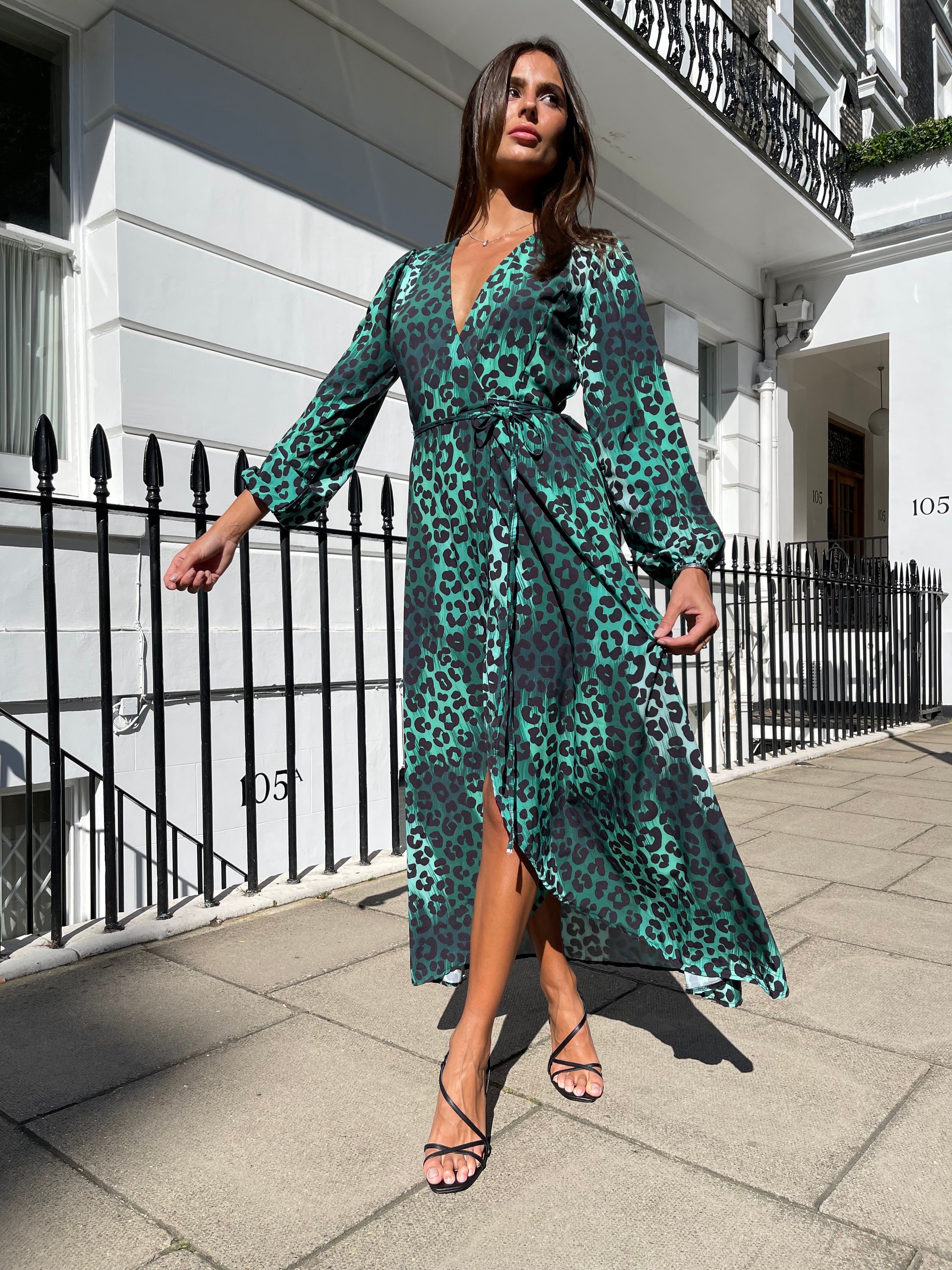 Green animal clearance print wrap dress