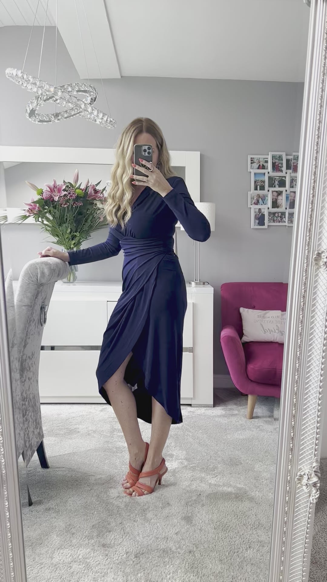 Navy cape style wrap midi dress sales