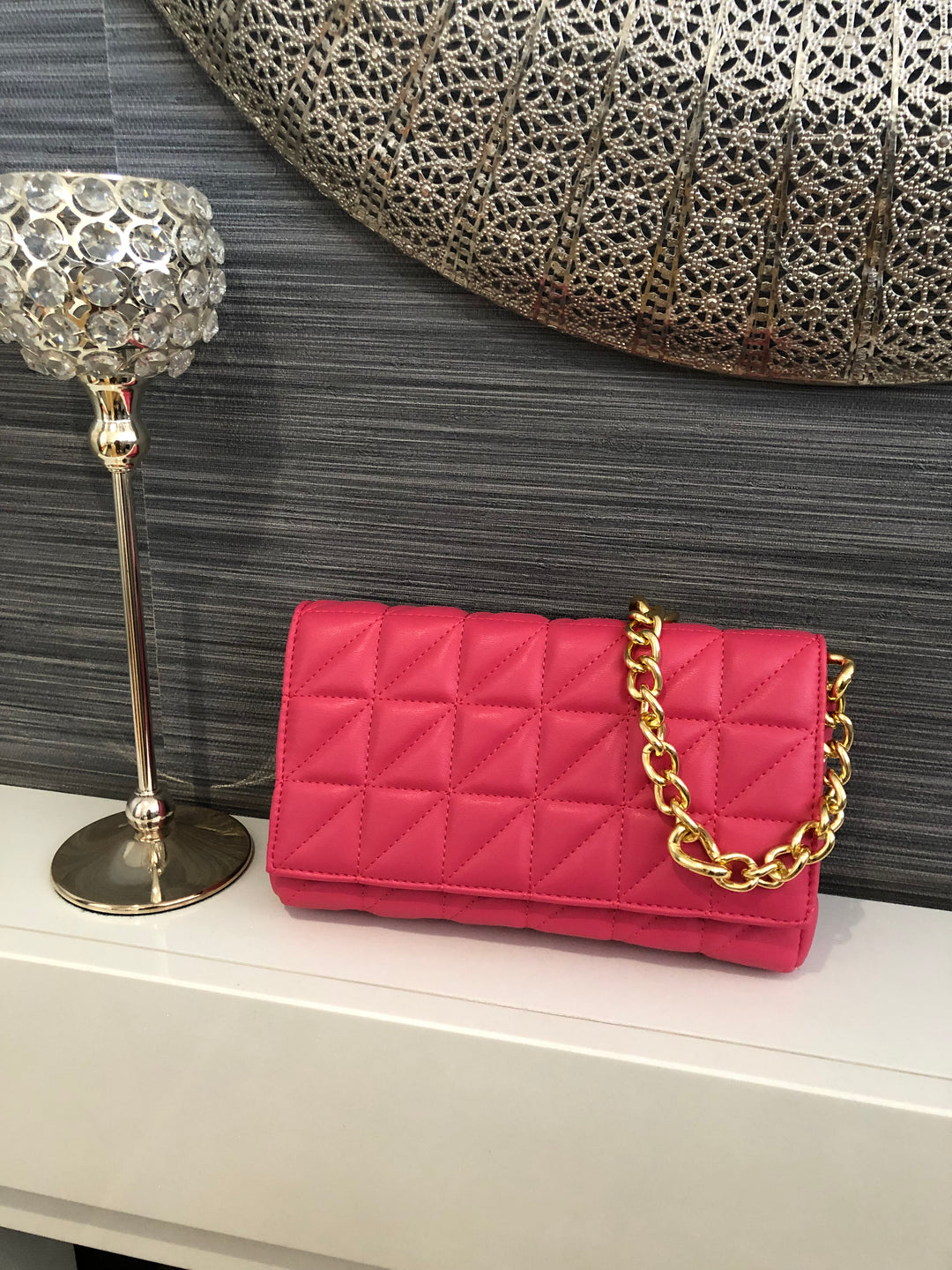 Fuchsia Hot Pink Quilted Faux Leather Gold Chain Cross Body Shoulder Bag