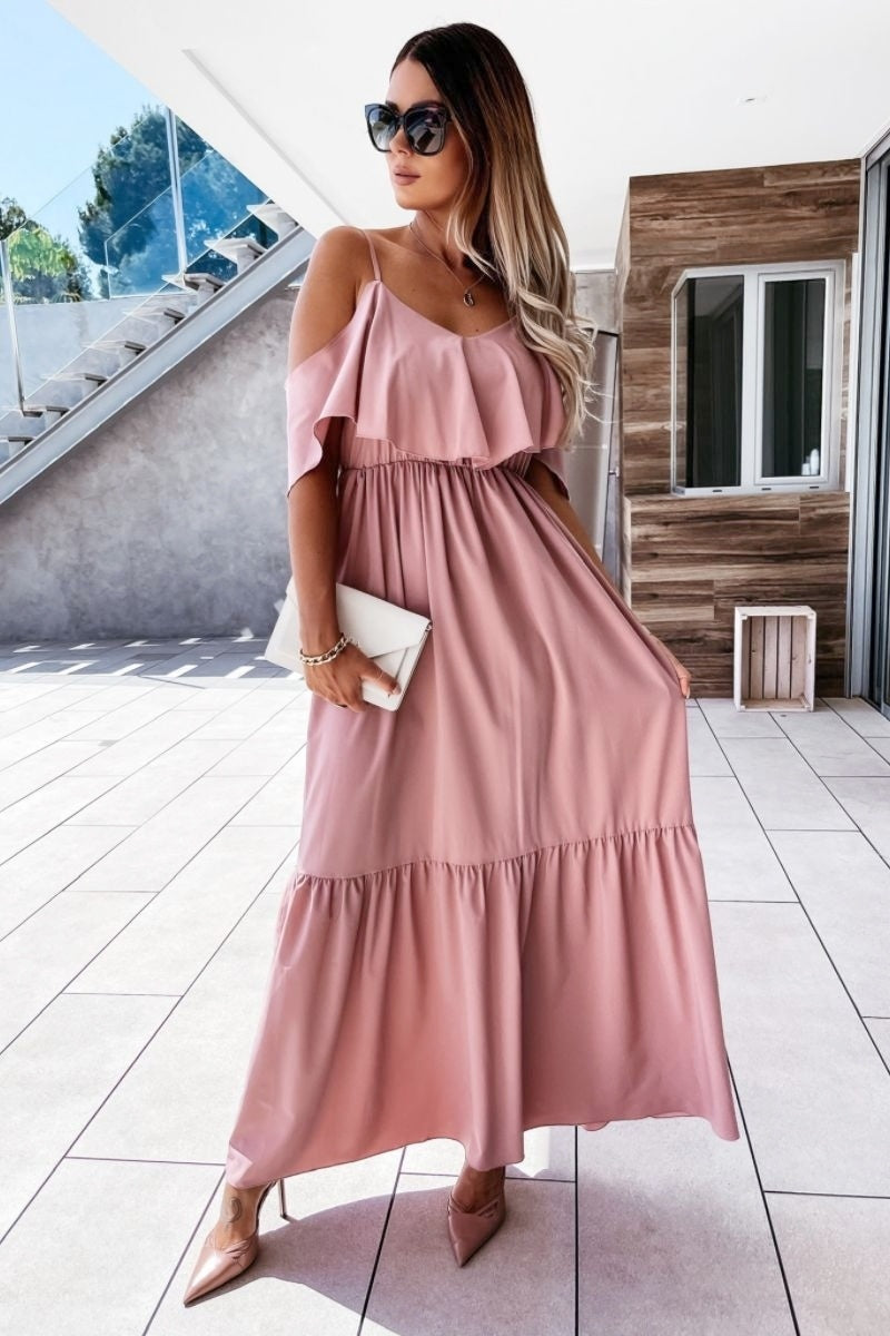 India Pale Pink/Nude Tiered Cold Shoulder Cami Maxi Dress