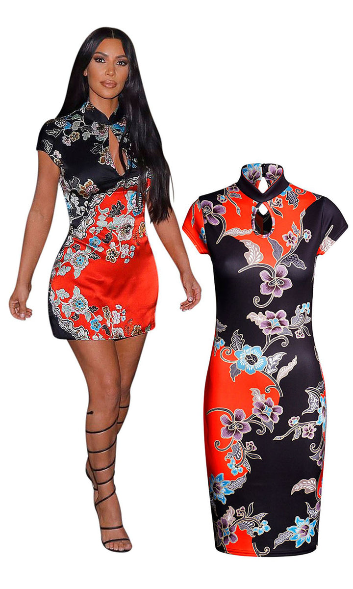 Kim Kardashian Inspired Red Oriental Floral Bodycon Midi Dress