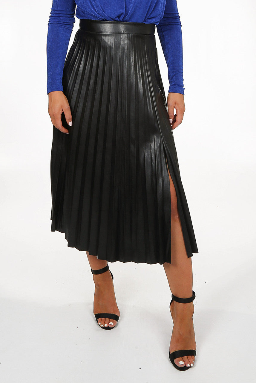 Lydia Black Faux Leather Pleated Midi Skirt