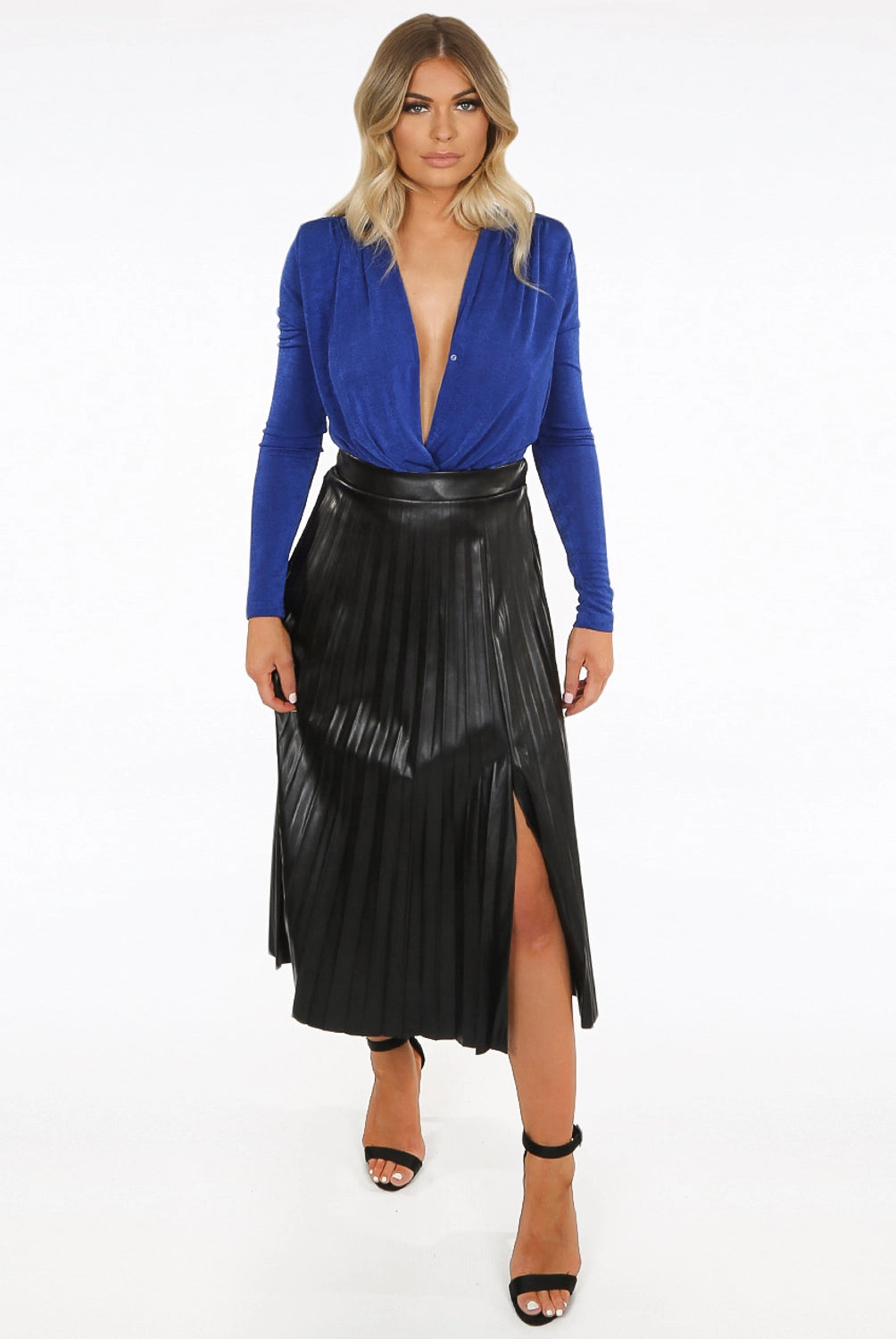 Lydia Black Faux Leather Pleated Midi Skirt