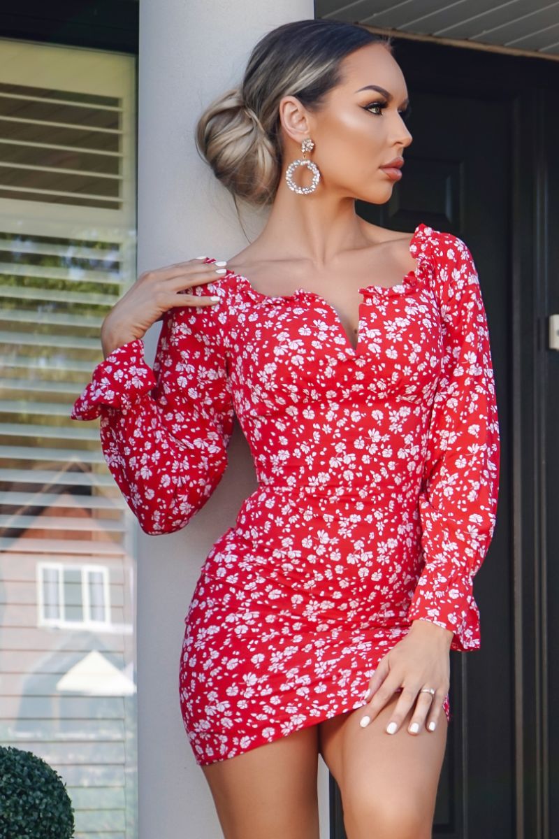 Millie Red Floral Bodycon Structured V bar Mini Dress
