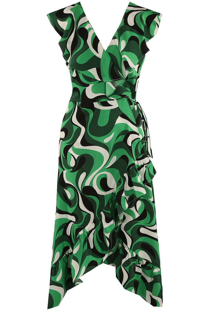 Obsession Green Retro Swirl Print Wrap Dip Hem Midi Dress