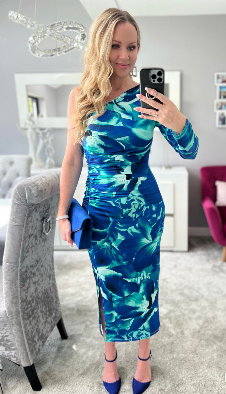 Rodeo Drive Blue Ocean One Shoulder Bodycon Ruched Midi Dress