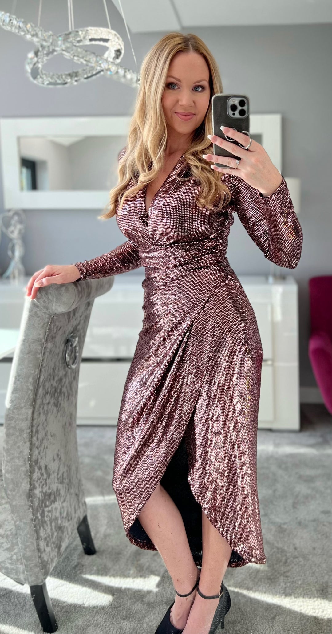 A Touch Of Class Rose Gold Sequin Long Sleeve Bodycon Wrap Midi/Maxi Dress