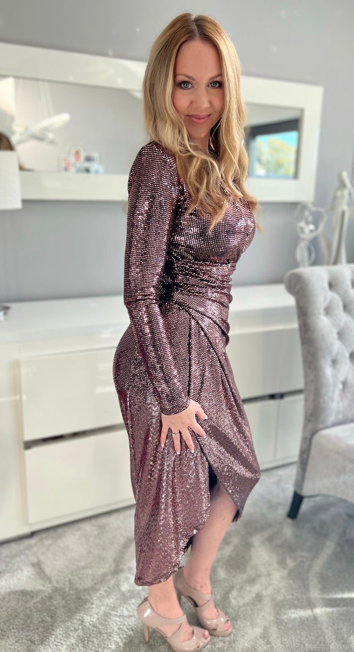 A Touch Of Class Rose Gold Sequin Long Sleeve Bodycon Wrap Midi/Maxi Dress
