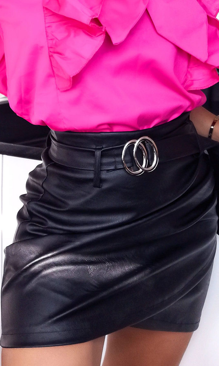 Saskia Black Stretchy Faux Leather Belted Wrap effect Mini Skirt