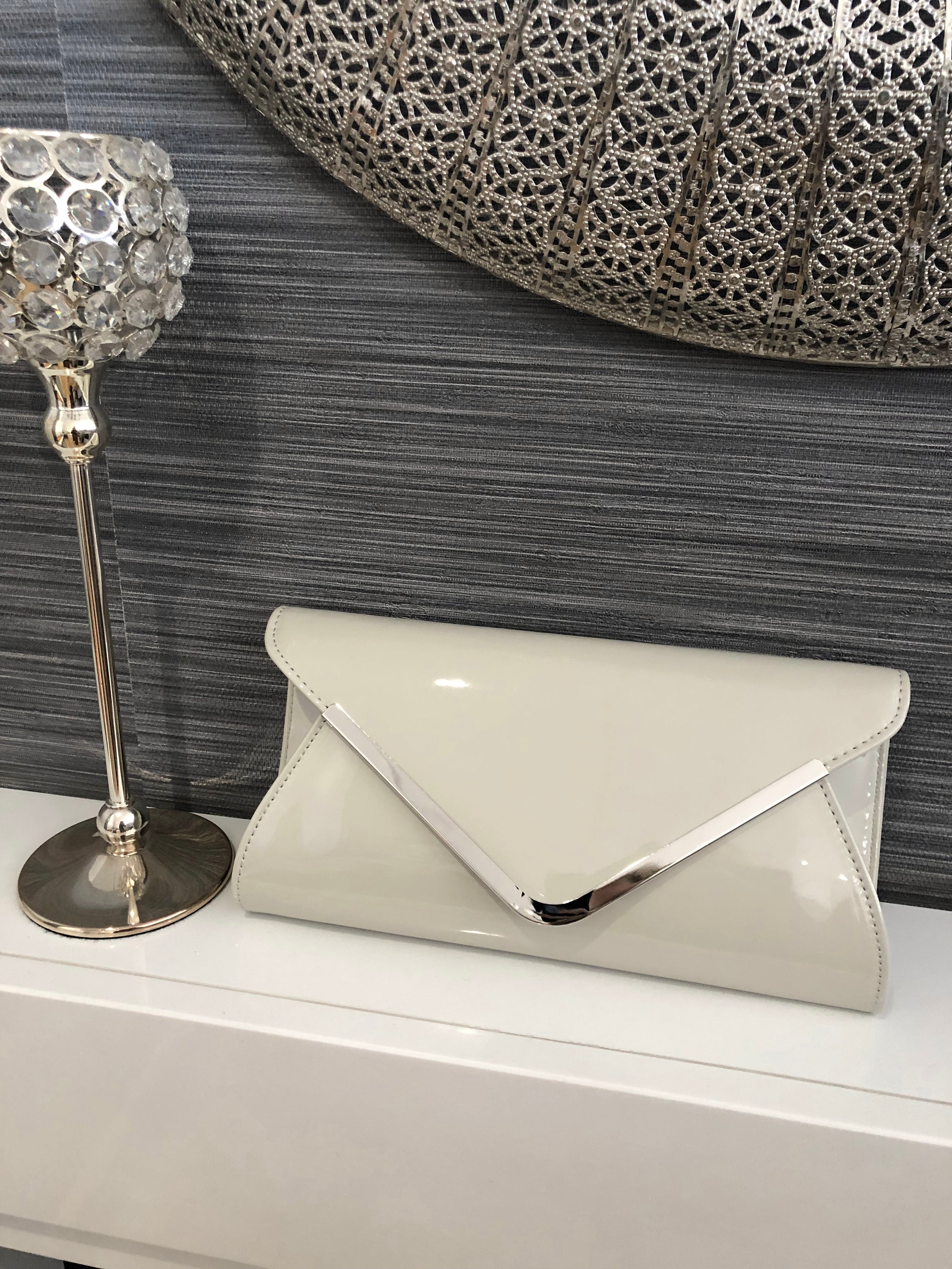 Pale Grey Patent Clutch Bag With Silver Trim LittleMadam