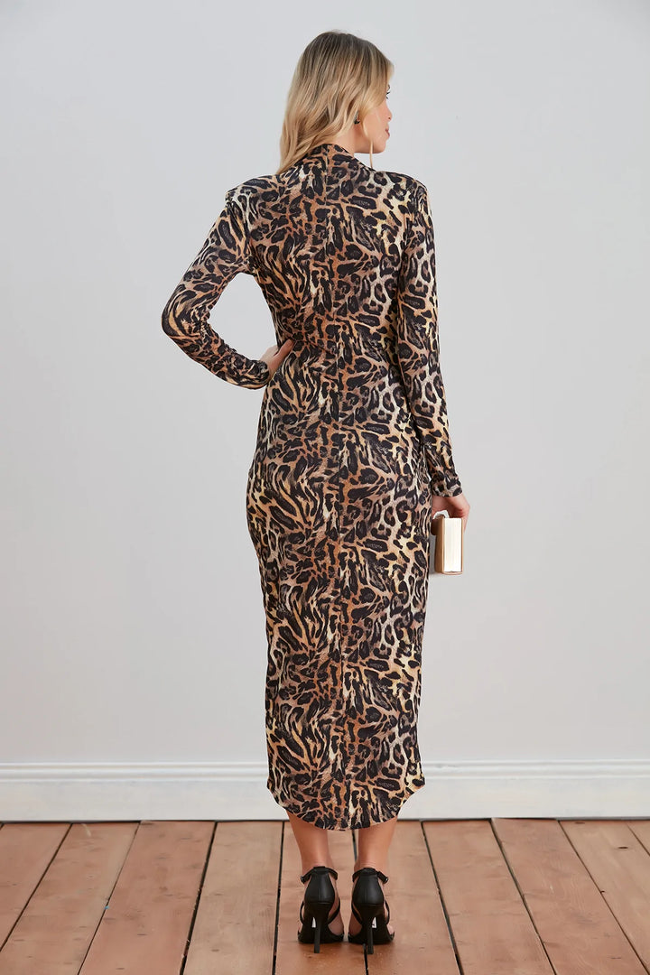 A Touch Of Class Leopard Print Long Sleeve Bodycon Wrap Midi/Maxi Dress