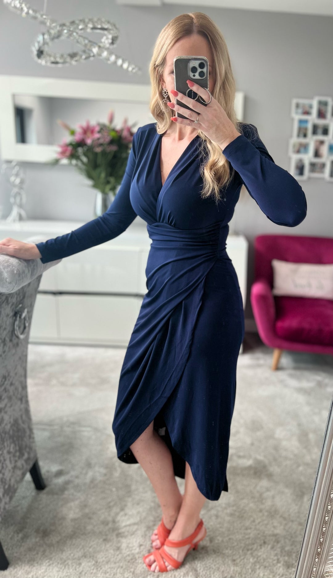 Long navy top wrap dress