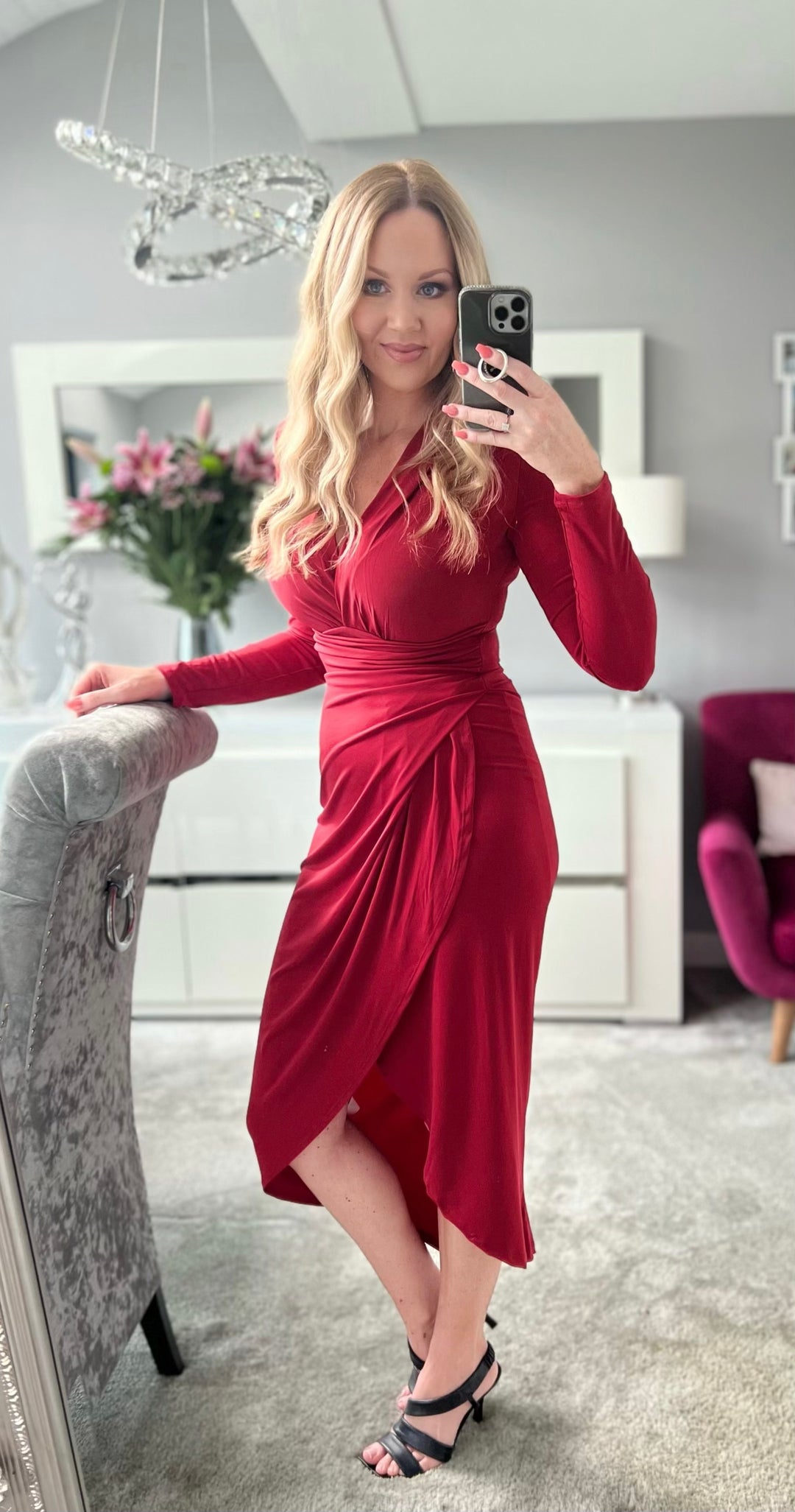 A Touch Of Class Burgundy Red Long Sleeve Bodycon Wrap Midi Maxi Dress